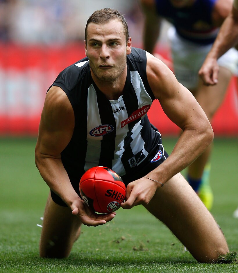 AFL 2016 NAB Challenge - Collingwood v Western Bulldogs MELBOURNE, AUSTRALIA - MARCH 12: Jarrod Witts of the Magpies in action during the 2016 NAB Challenge match between the Collingwood Magpies and the Western Bulldogs at Etihad Stadium, Melbourne on March 12, 2016. (Photo by Michael Willson/AFL Media)